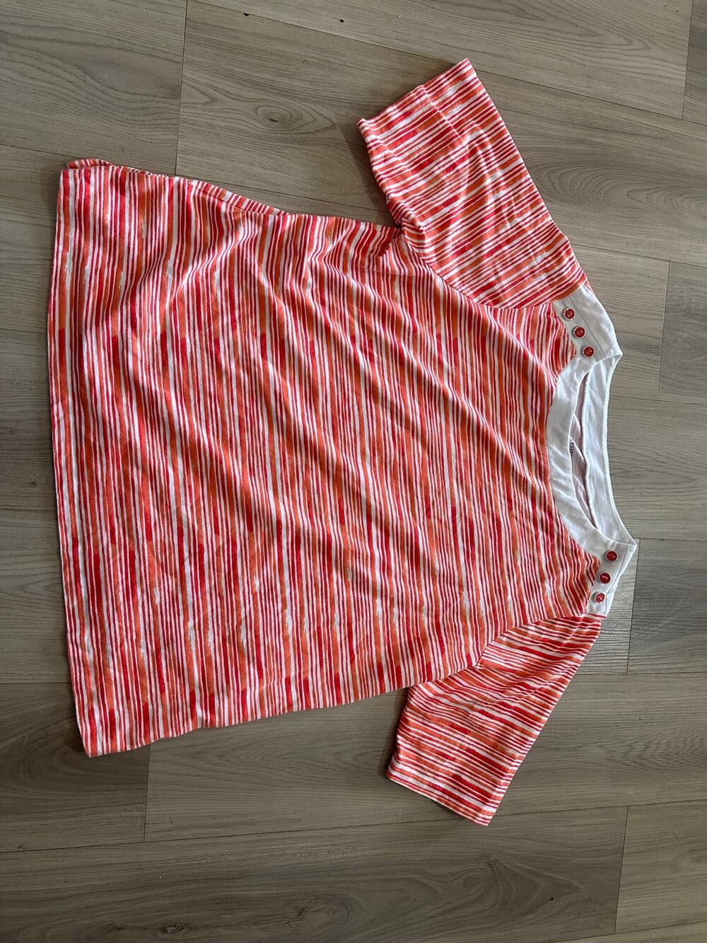 Appleseed's Orange Pink Striped Boat Neck Top Button Shoulder Short Sleeve XL